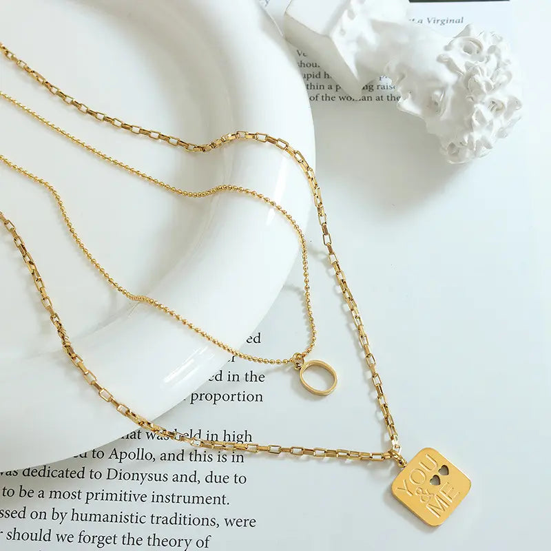 Classic Square Heart Pendant Double Layered Necklace - Gold