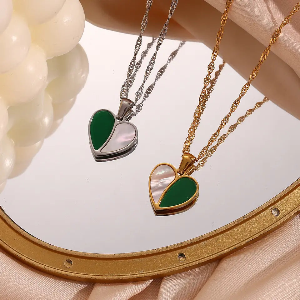 Half Green Enamel Heart Pendant Necklace - Gold