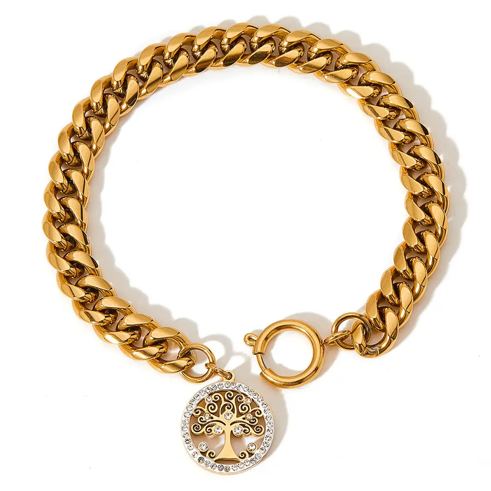 Cuban Chain Tree Of Life Charm Bracelets - Gold