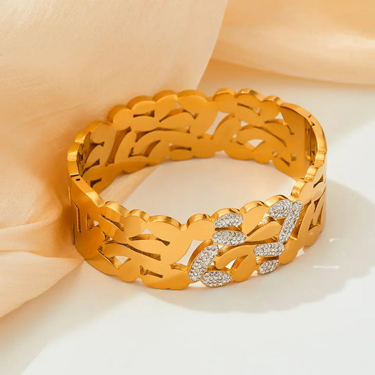 Woman Rhinestone Hollow Bangle - Gold