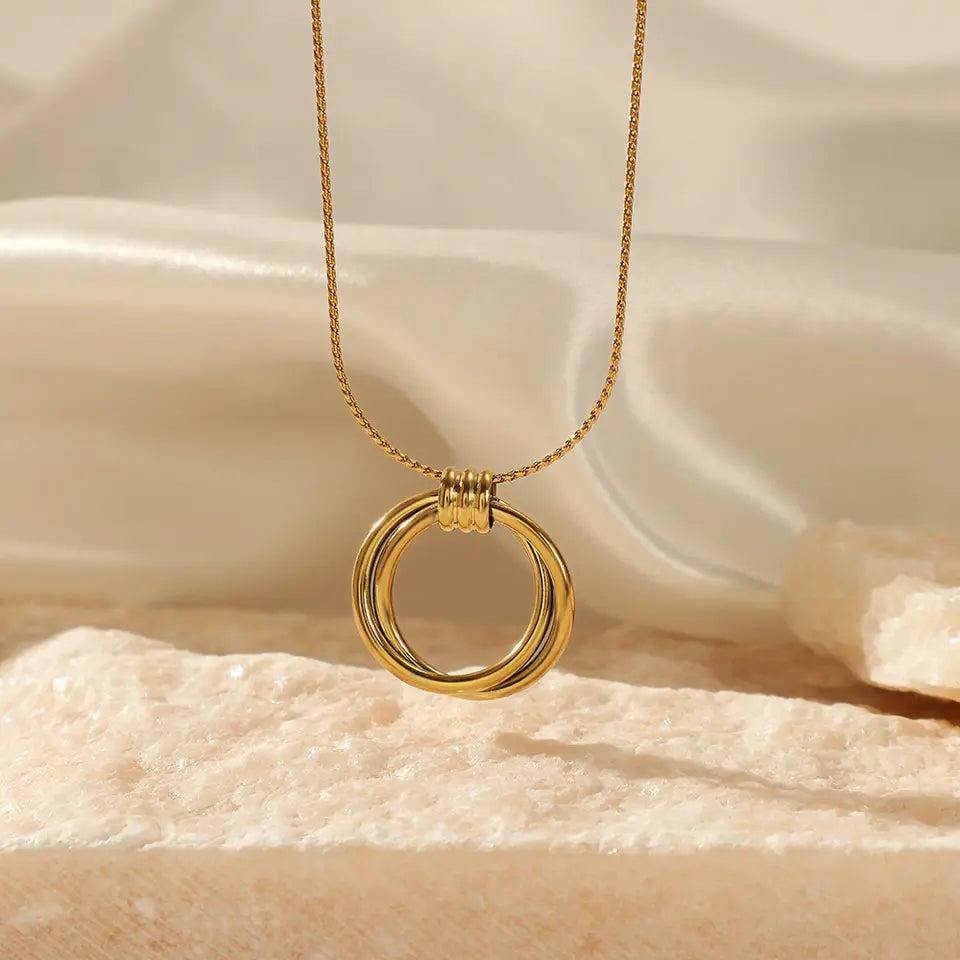 Melted Textured Round Circle Charm Pendent Necklace - Gold