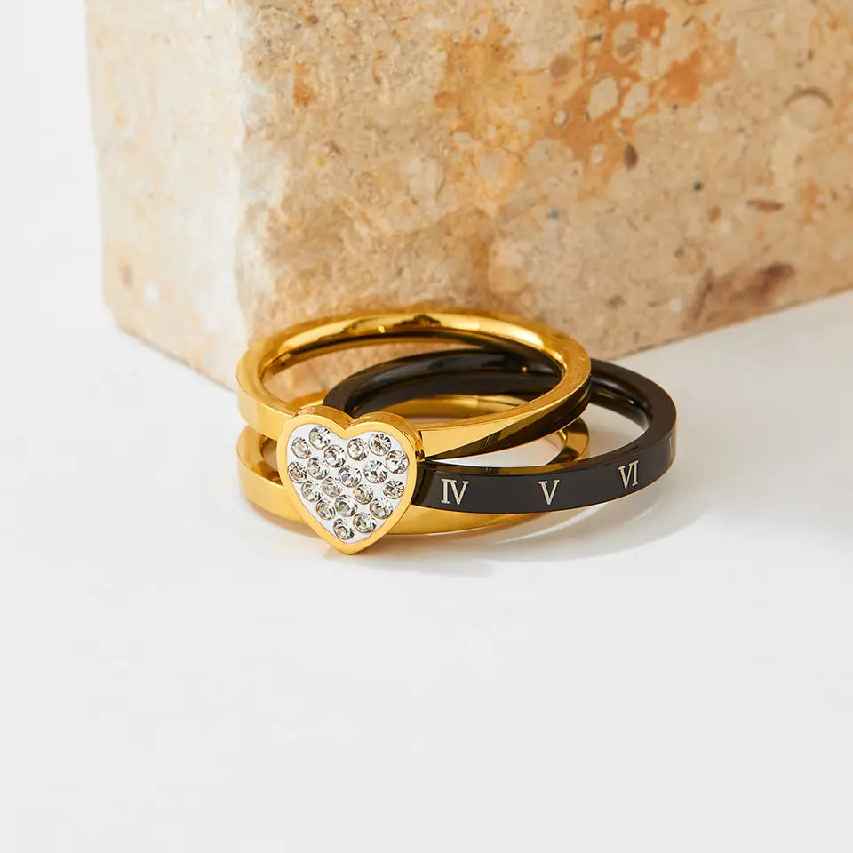 Roman Numerals Love Heart Rhinestone Multi-layer Ring - Gold