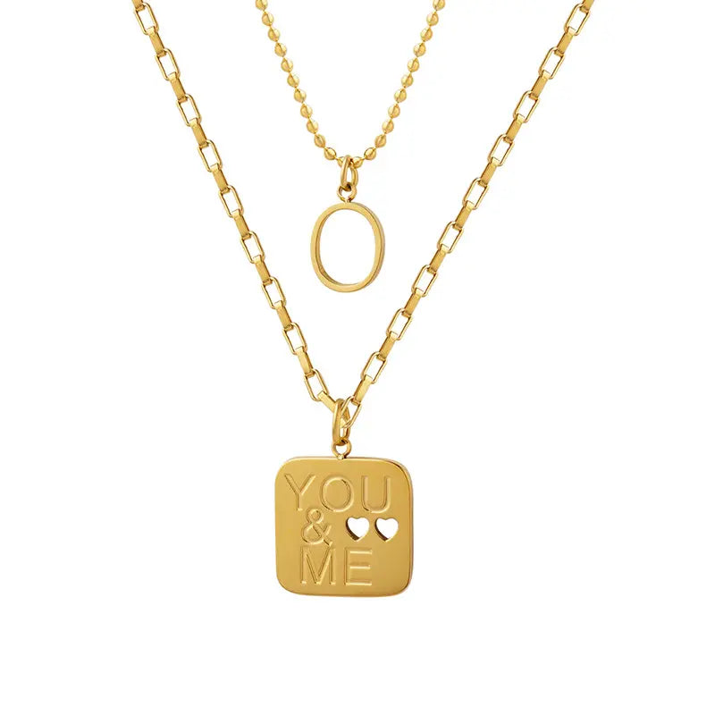 Classic Square Heart Pendant Double Layered Necklace - Gold