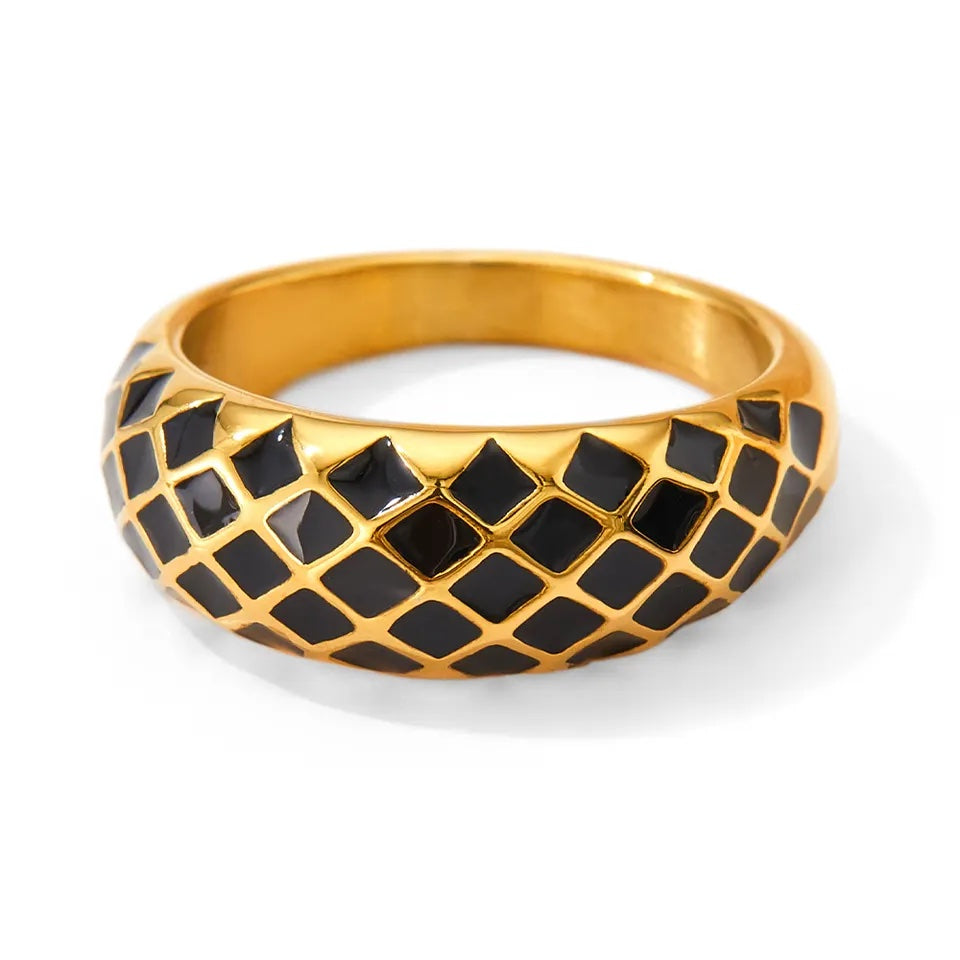 Vintage Checkerboard Retro Enamel Ring - Gold