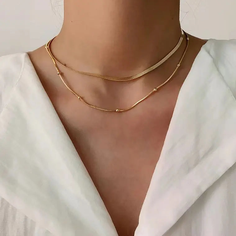 Bead Chain with Snake Double Layer Necklace - Gold