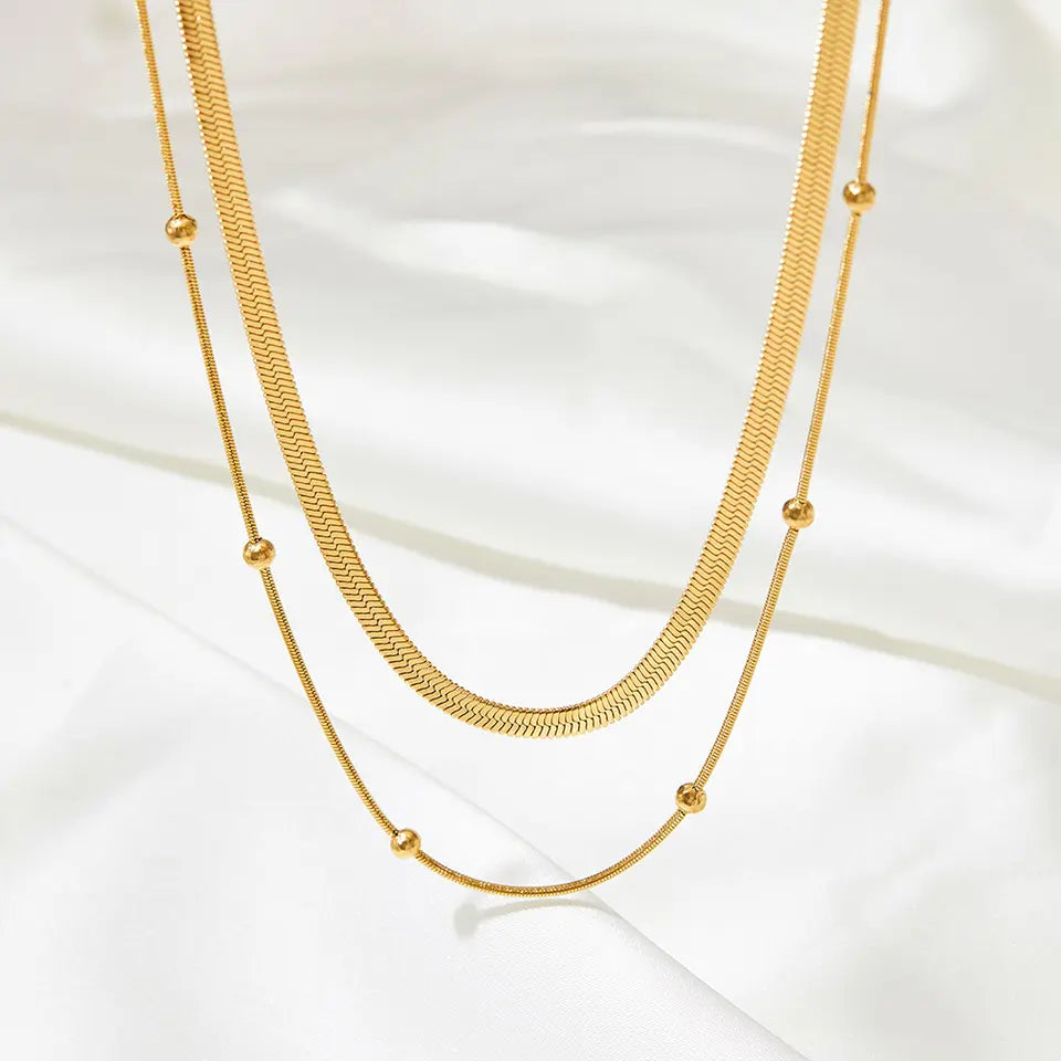 Bead Chain with Snake Double Layer Necklace - Gold