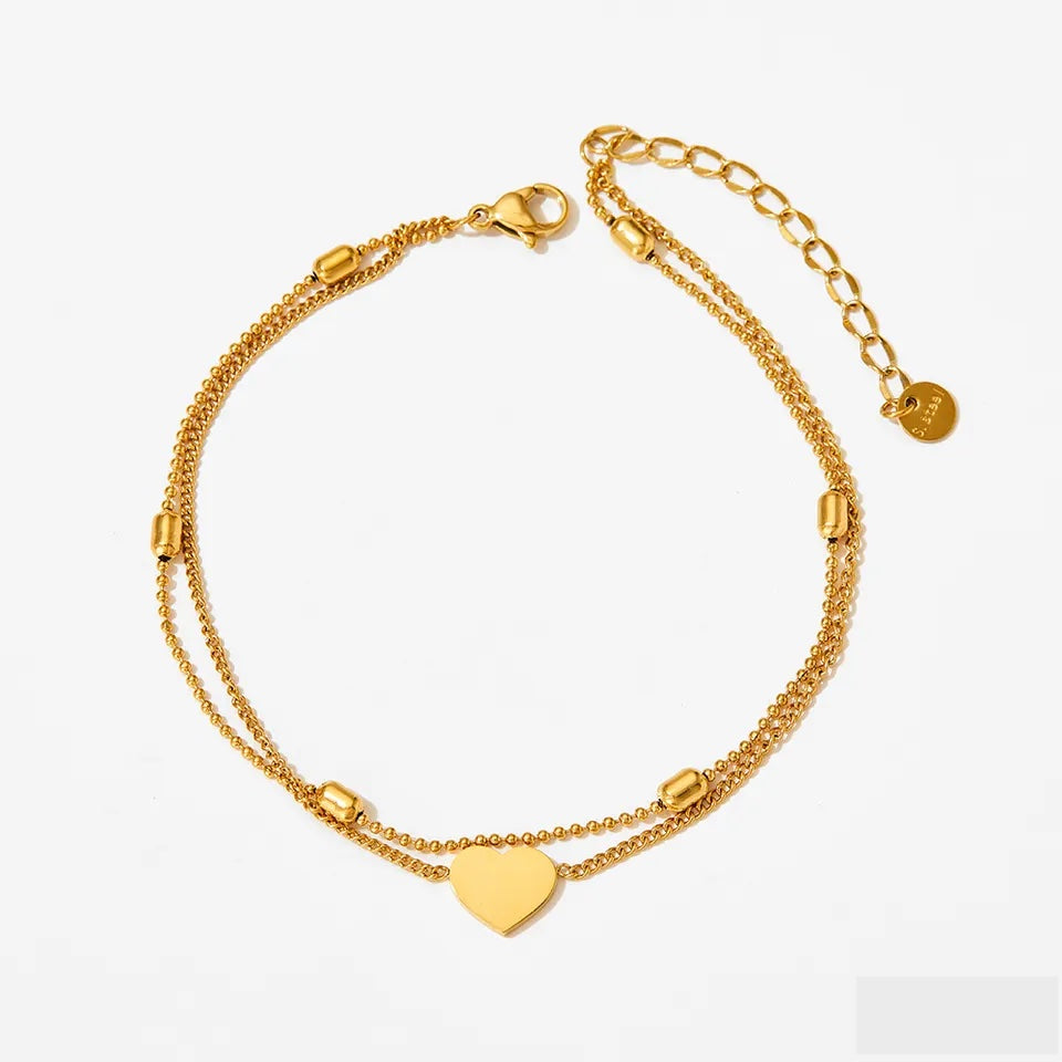 Love Pendant Oval Bead Chain Double Anklet - Gold