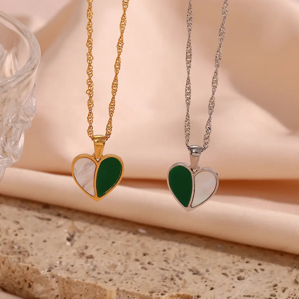 Half Green Enamel Heart Pendant Necklace - Gold