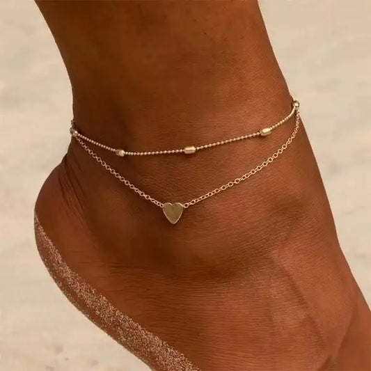 Love Pendant Oval Bead Chain Double Anklet - Gold