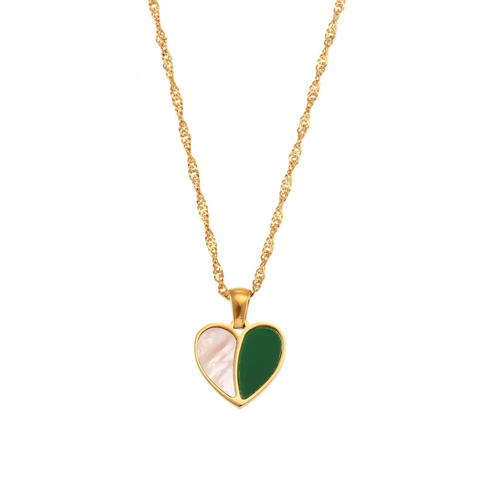 Half Green Enamel Heart Pendant Necklace - Gold