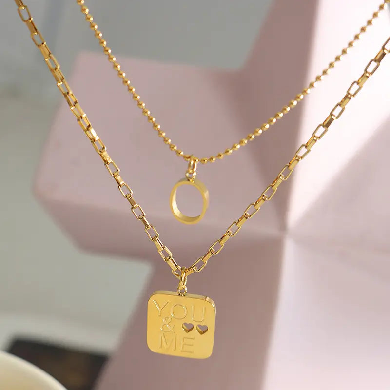 Classic Square Heart Pendant Double Layered Necklace - Gold