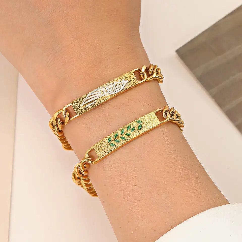 Green Leaves White Wings Cuban Chain Bracelet - Gold