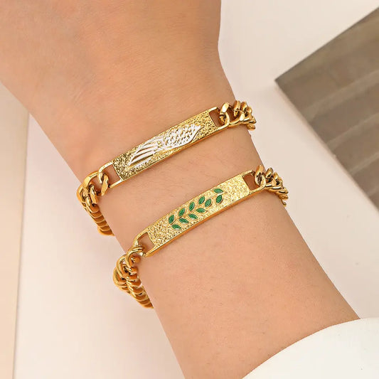 Green Leaves White Wings Cuban Chain Bracelet - Gold