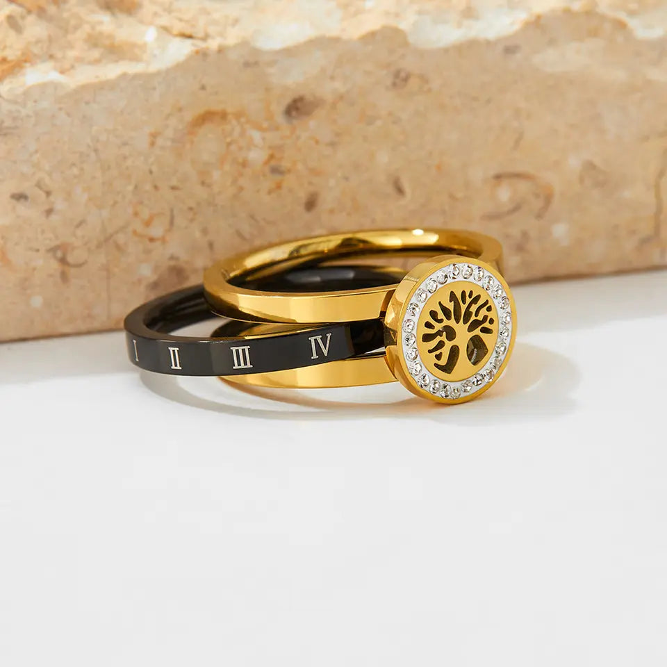 Roman Numerals Three Layer Hollow Life Tree Ring - Gold