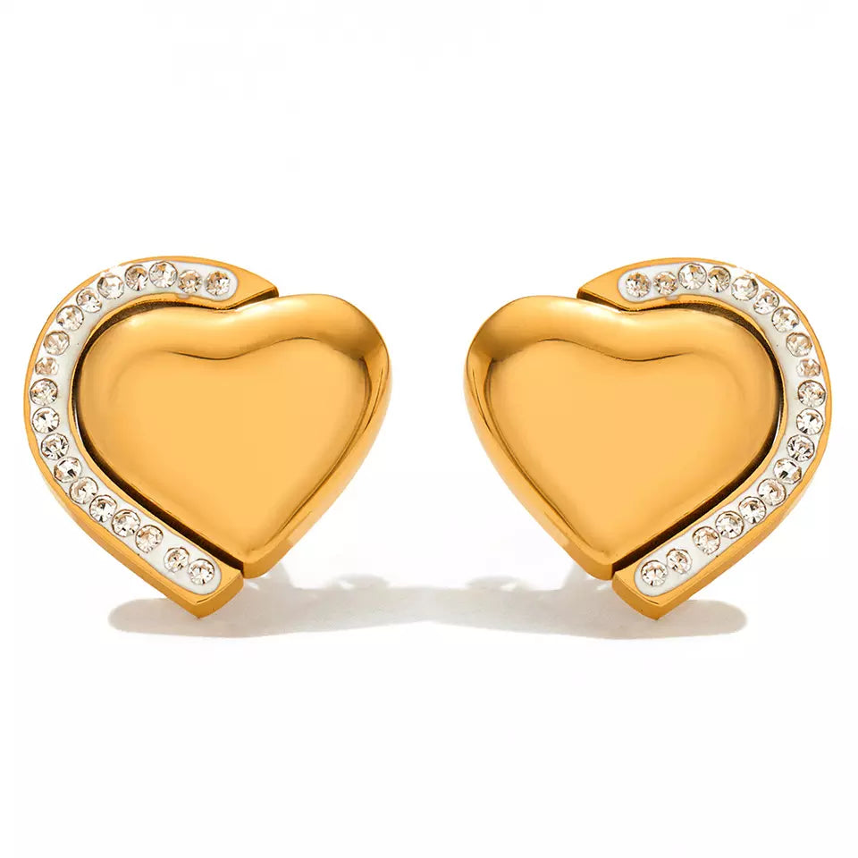 Zircon Heart Stud Earrings - Gold