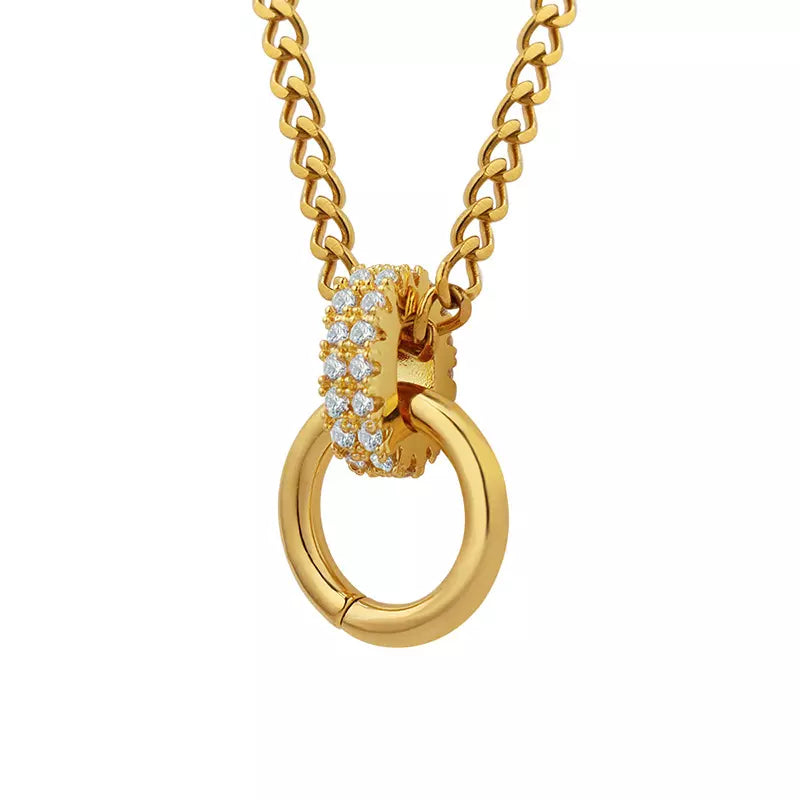 Double Ring Cubic Zirconia Pendant Necklace - Gold