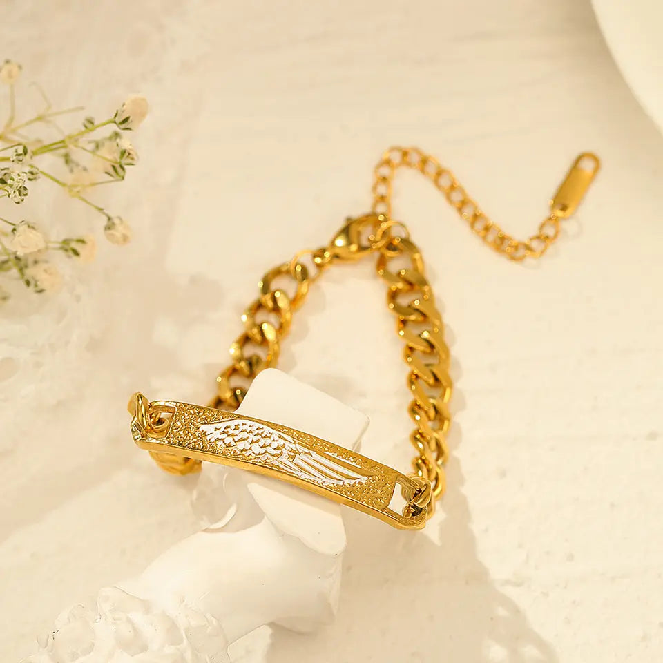 Green Leaves White Wings Cuban Chain Bracelet - Gold