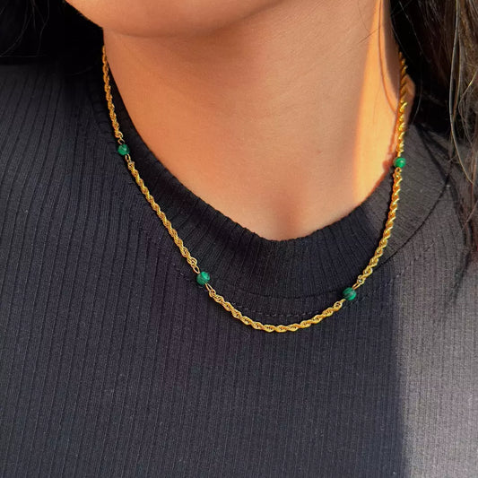 18k Gold Plated Natural Green Malachite Twist Rope Necklace - Gold