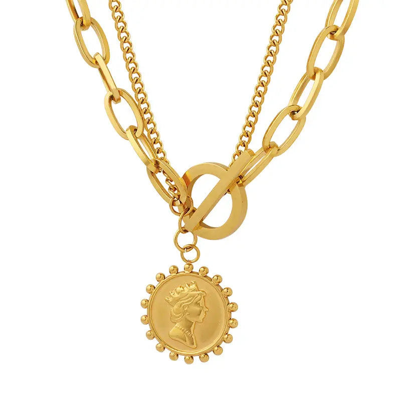 Double Layer Coin Pendant Necklace - Gold