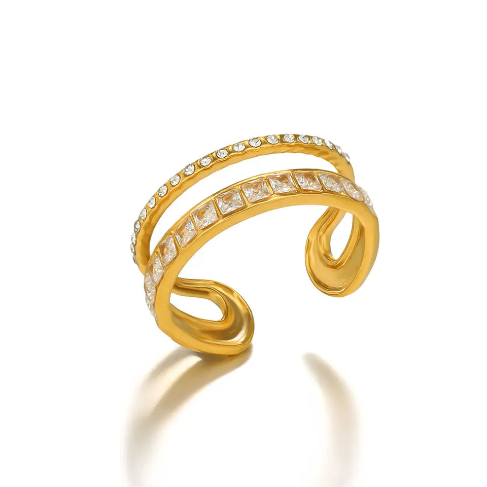 Double Layer Crystal Finger Ring -Gold