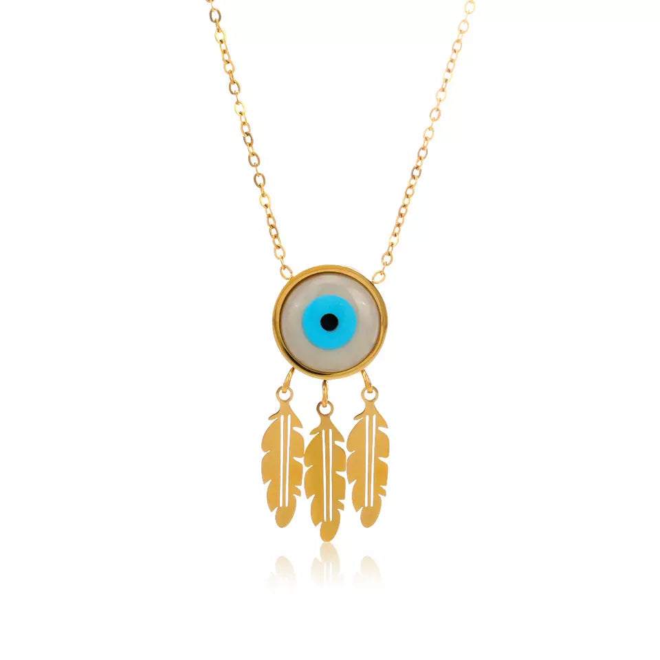 Multi Feather Leaves Eye Pendant Necklace - Gold