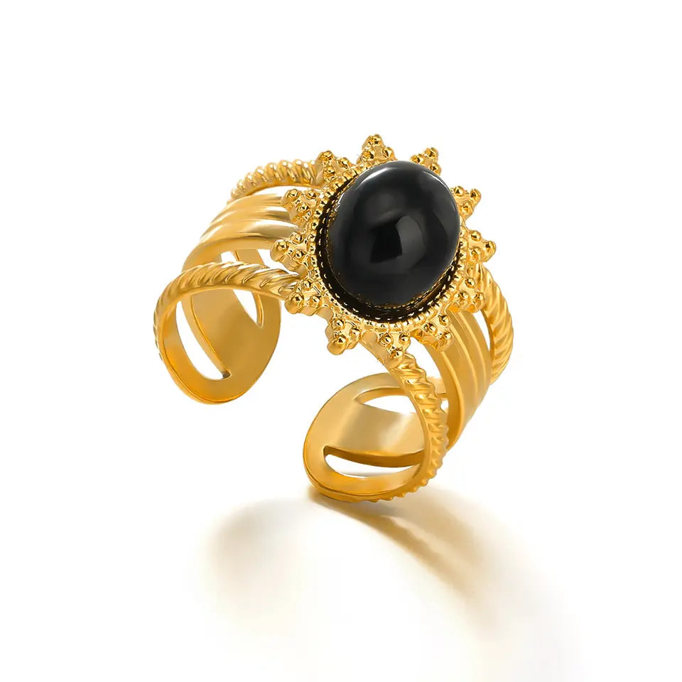 Vintage Obsidian Inlaid Ring - Gold