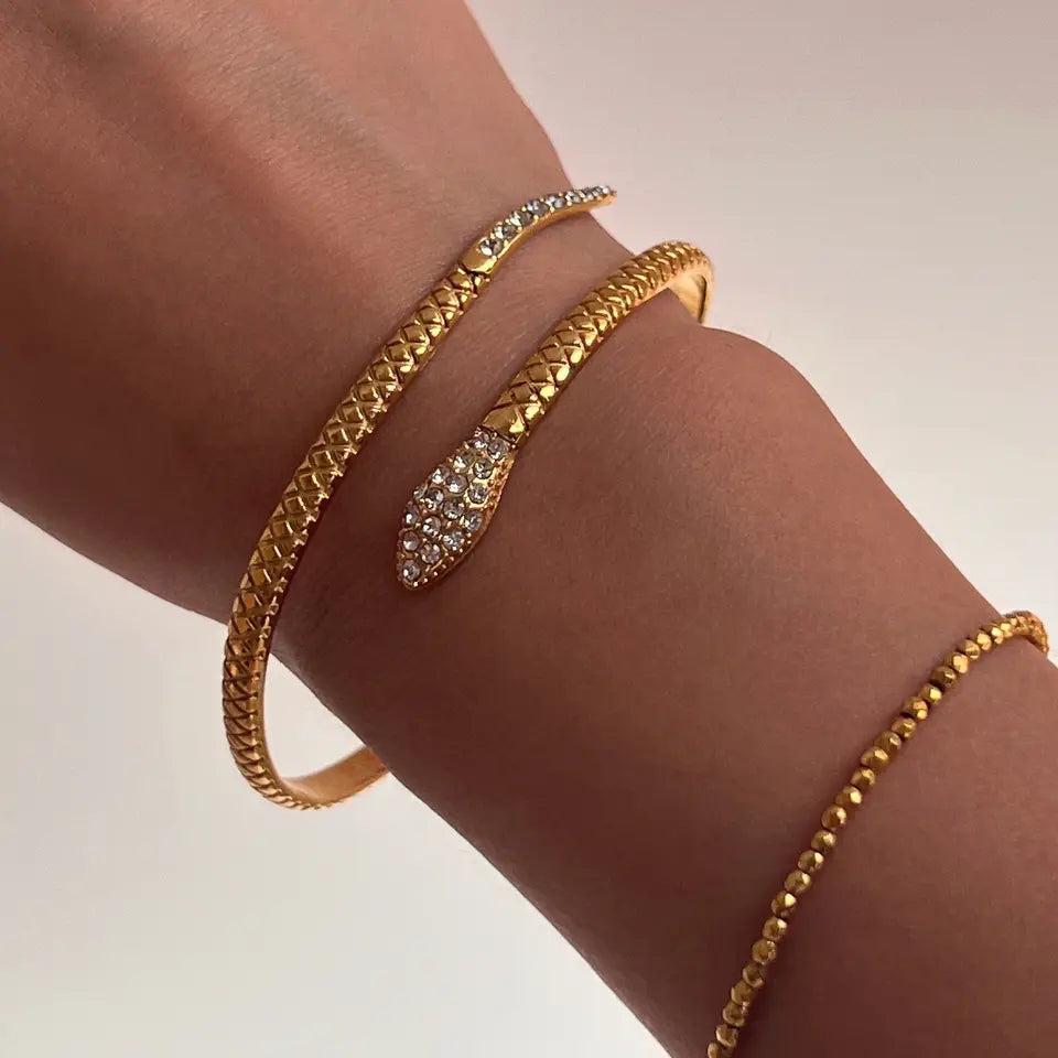 Micro-inlaid Zircon Lady Open Snake Bracelet - Gold