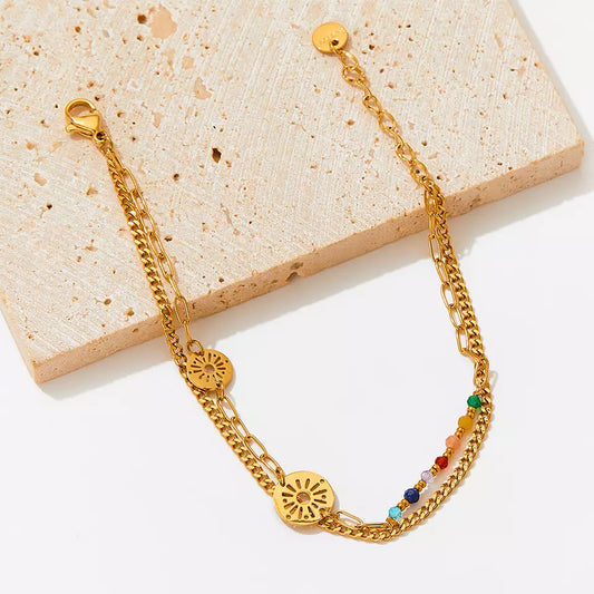 Bead Chain Pendant Anklet - Gold