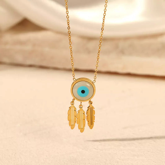 Multi Feather Leaves Eye Pendant Necklace - Gold