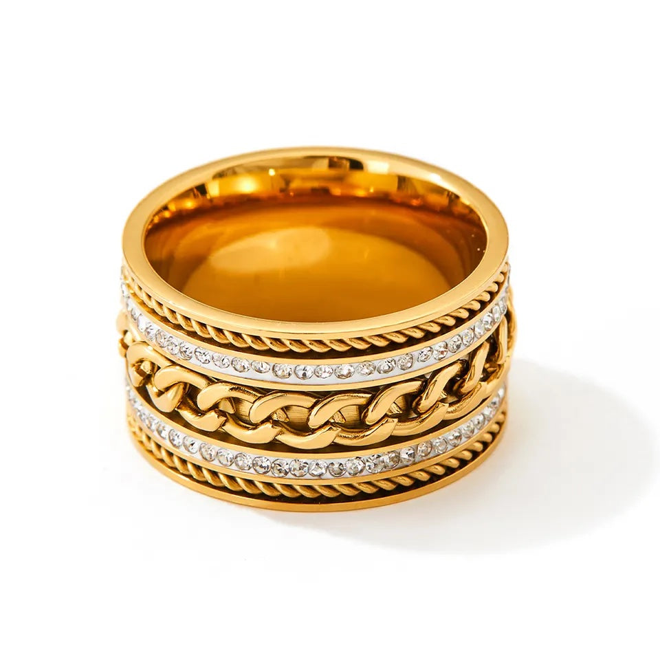 Cuban Chain Rhinestone Thick Ring - Gold