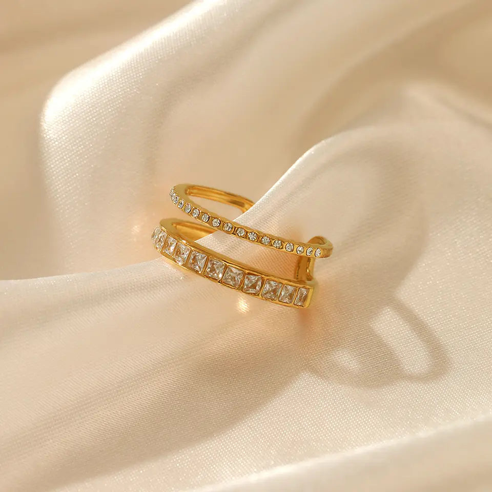 Double Layer Crystal Finger Ring -Gold