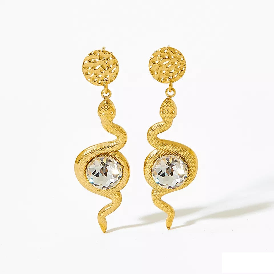 Snake Shape Round Cubic Zirconia Earrings - Gold