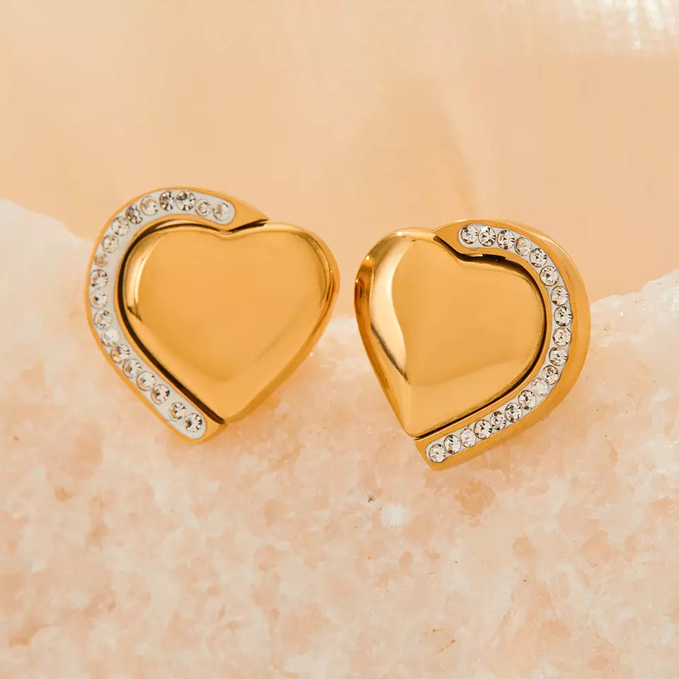 Zircon Heart Stud Earrings - Gold