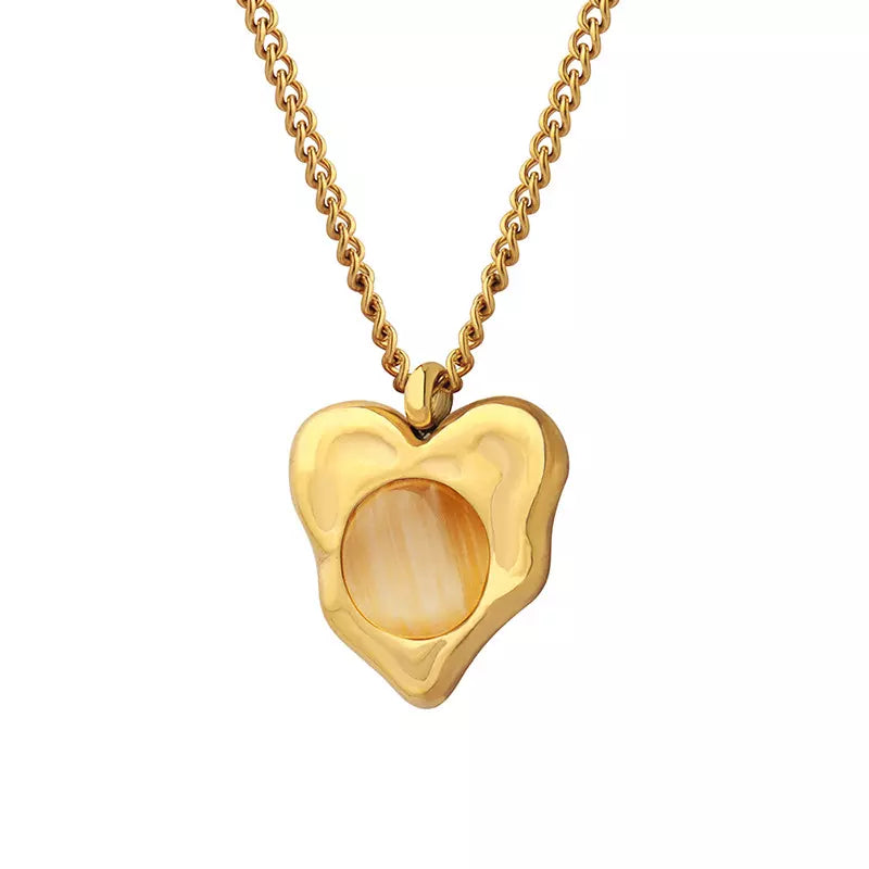 Opal Stone Heart Pendant Necklace - Gold