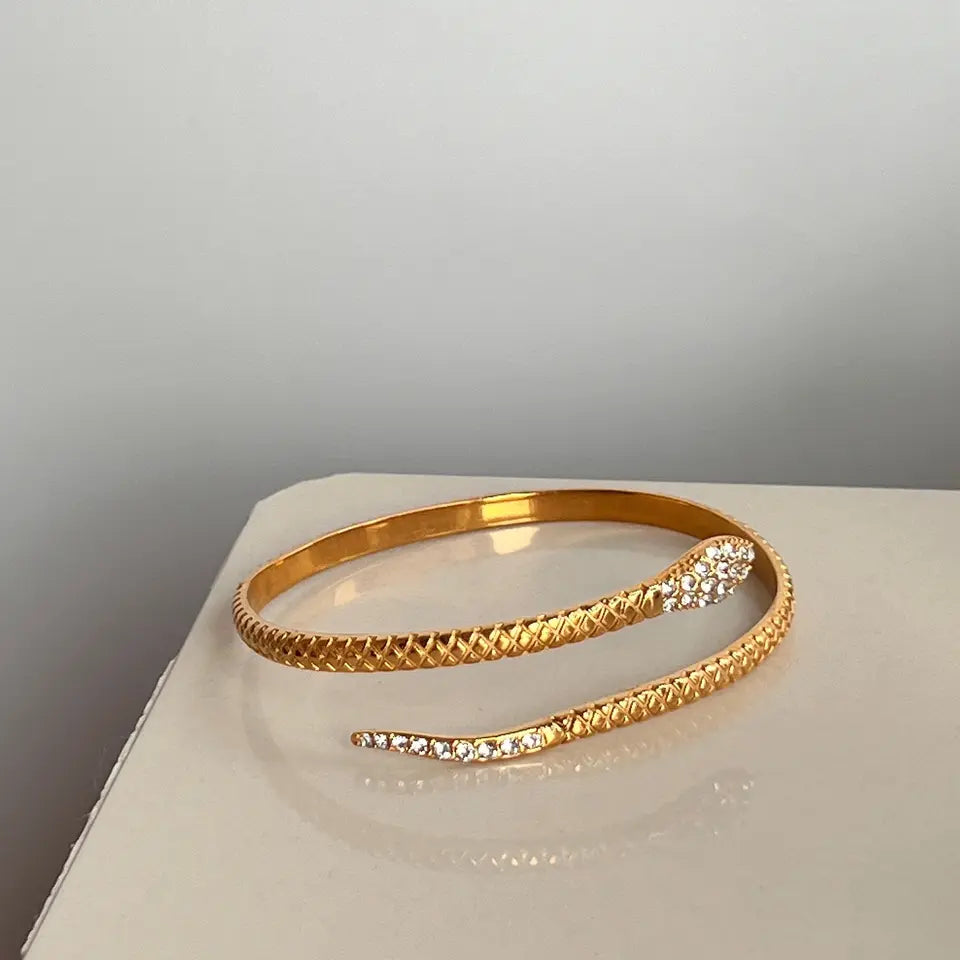 Micro-inlaid Zircon Lady Open Snake Bracelet - Gold