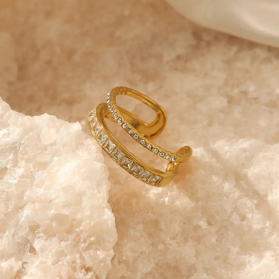 Double Layer Crystal Finger Ring -Gold