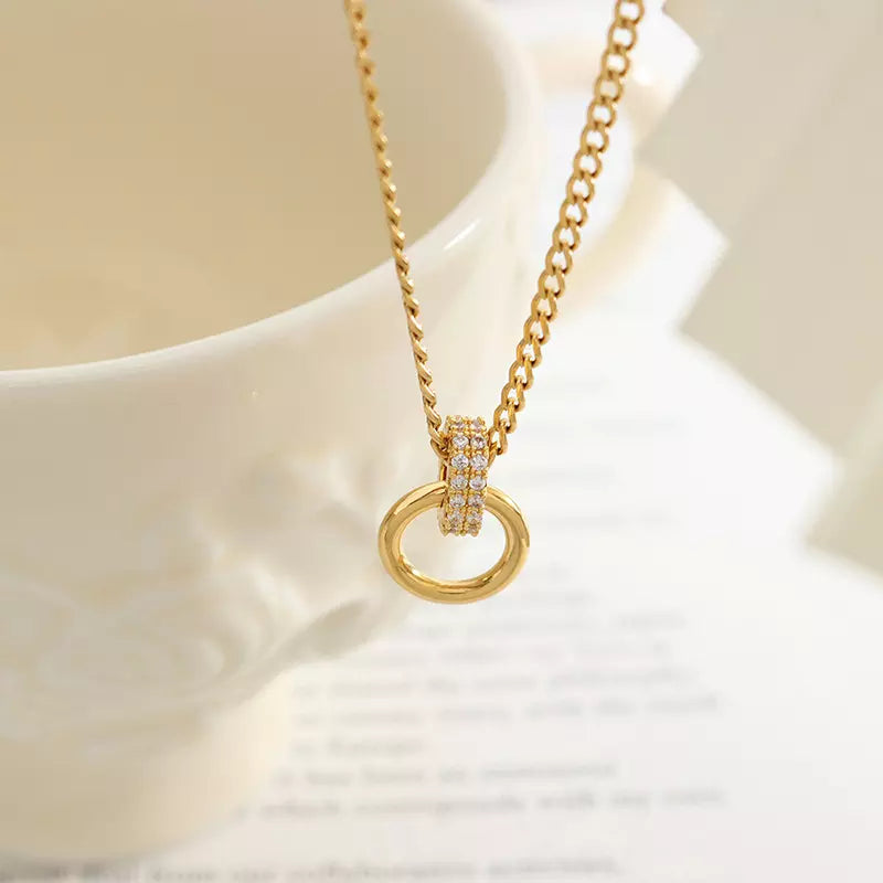 Double Ring Cubic Zirconia Pendant Necklace - Gold