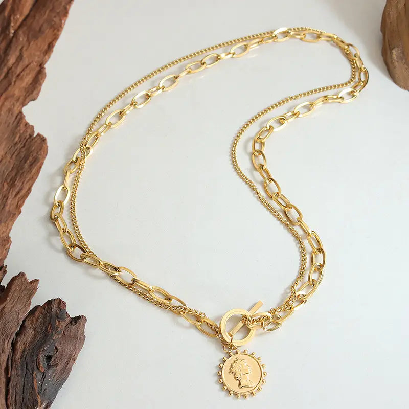 Double Layer Coin Pendant Necklace - Gold