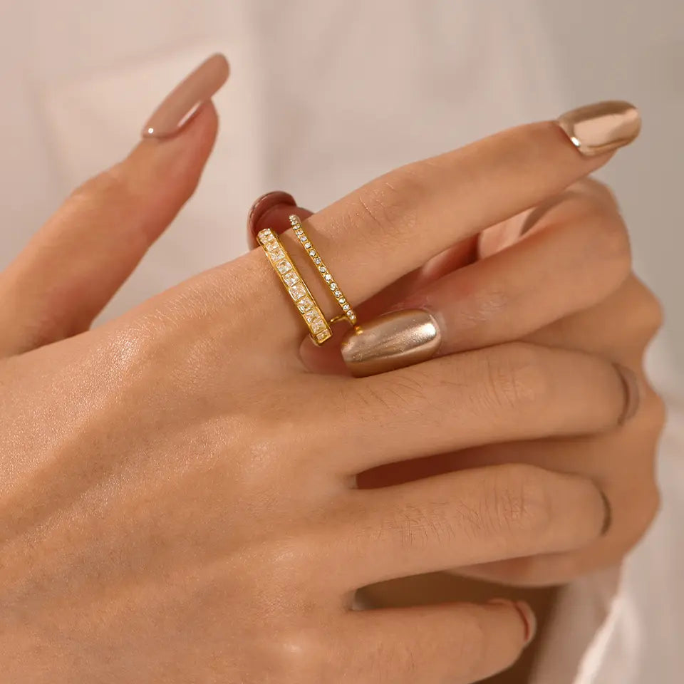 Double Layer Crystal Finger Ring -Gold