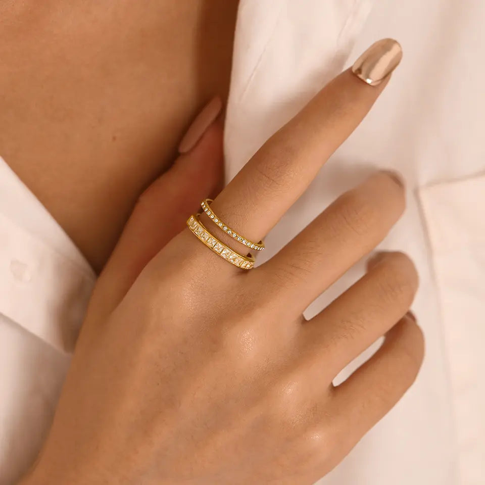 Double Layer Crystal Finger Ring -Gold