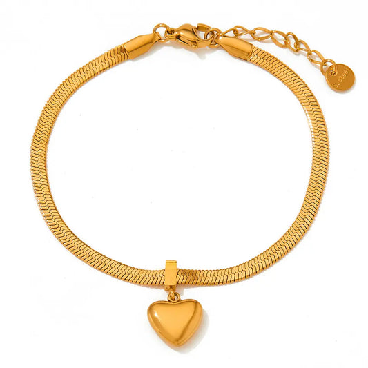 Thin Snake Bone Chain Heart Bracelet - Gold