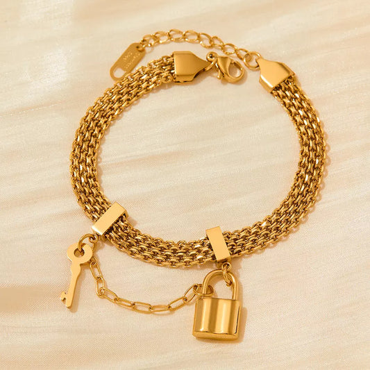 Multi-layer Chain Key Lock Bracelet - Gold