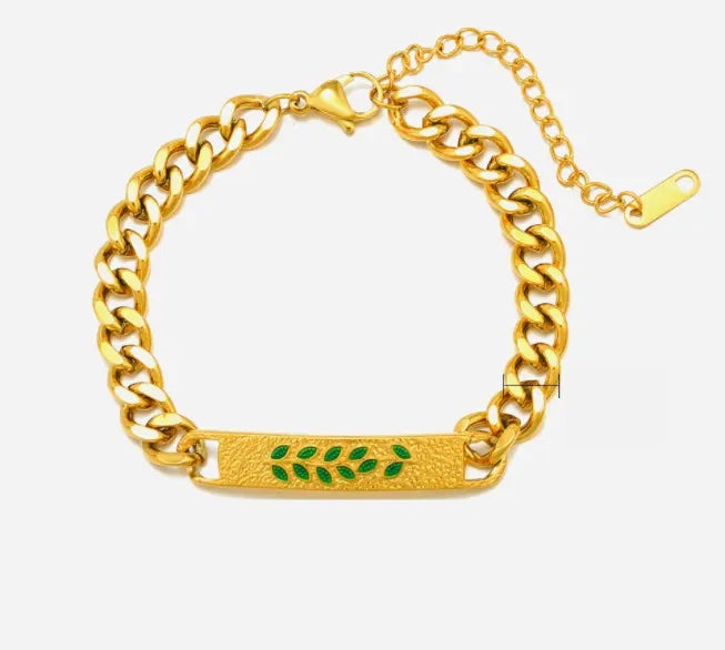 Green Leaves White Wings Cuban Chain Bracelet - Gold