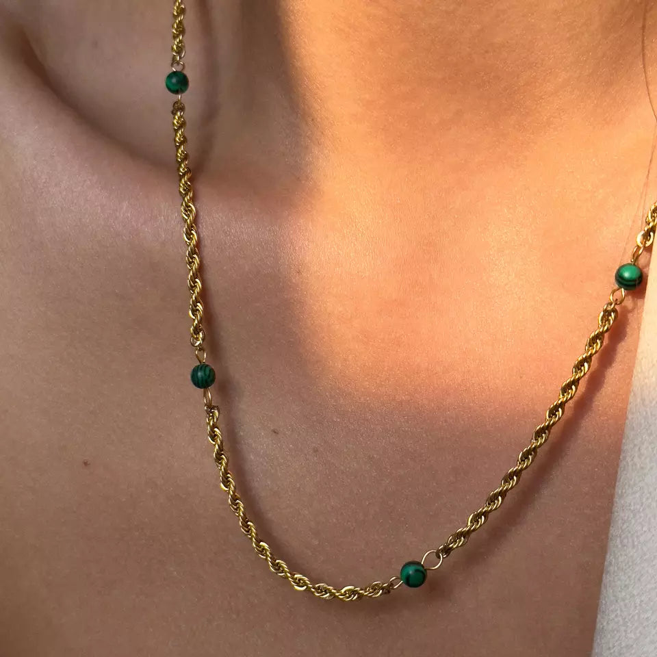 18k Gold Plated Natural Green Malachite Twist Rope Necklace - Gold