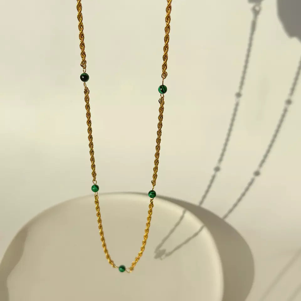 18k Gold Plated Natural Green Malachite Twist Rope Necklace - Gold