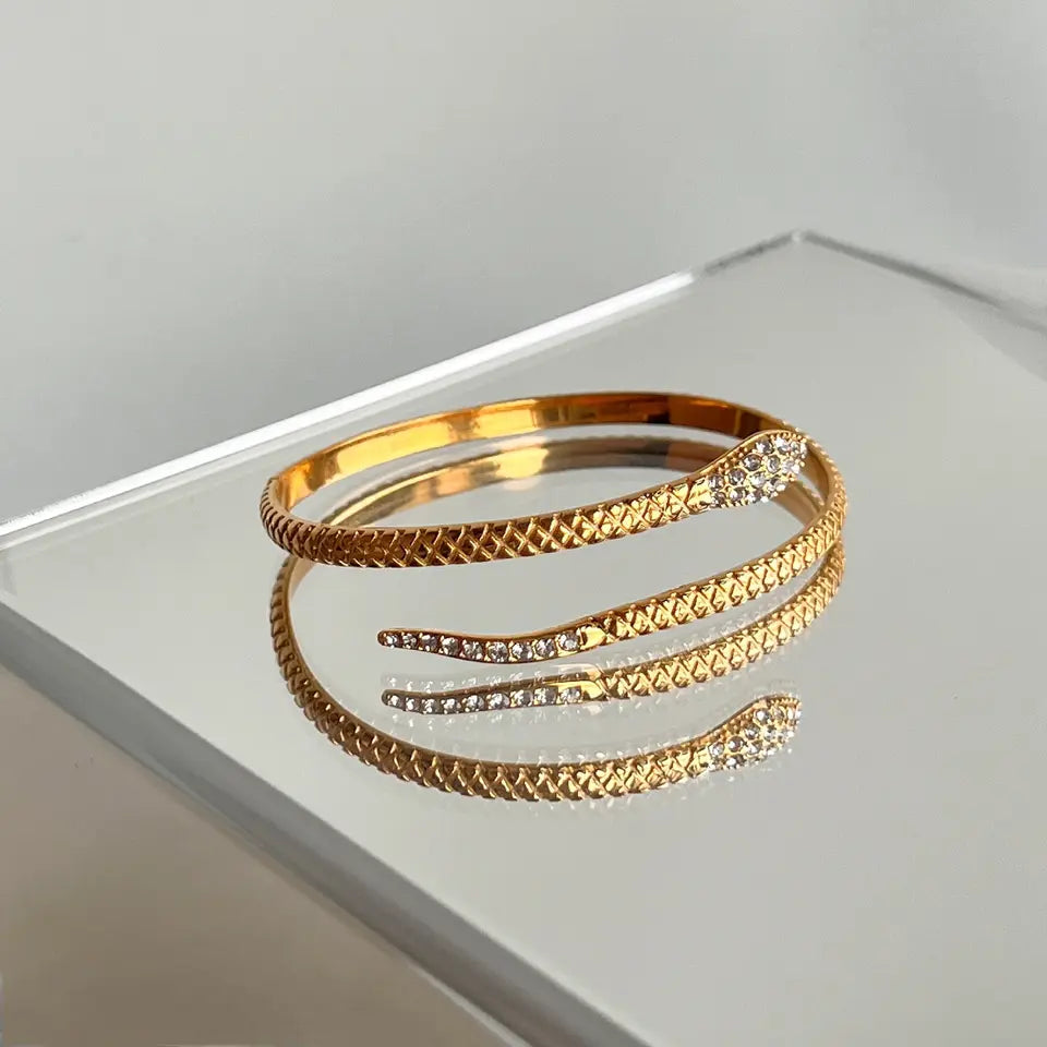 Micro-inlaid Zircon Lady Open Snake Bracelet - Gold