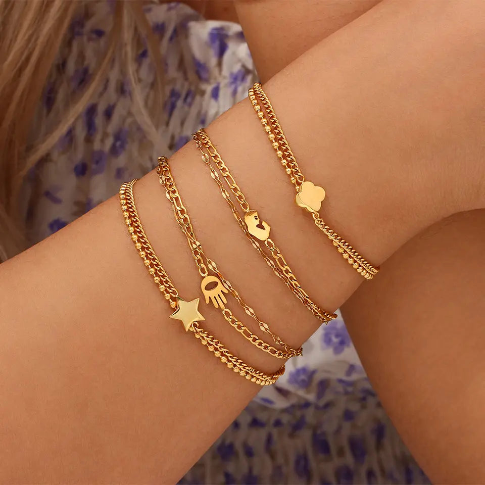 Multilayer Star Heart Map Snake Bracelet - Gold